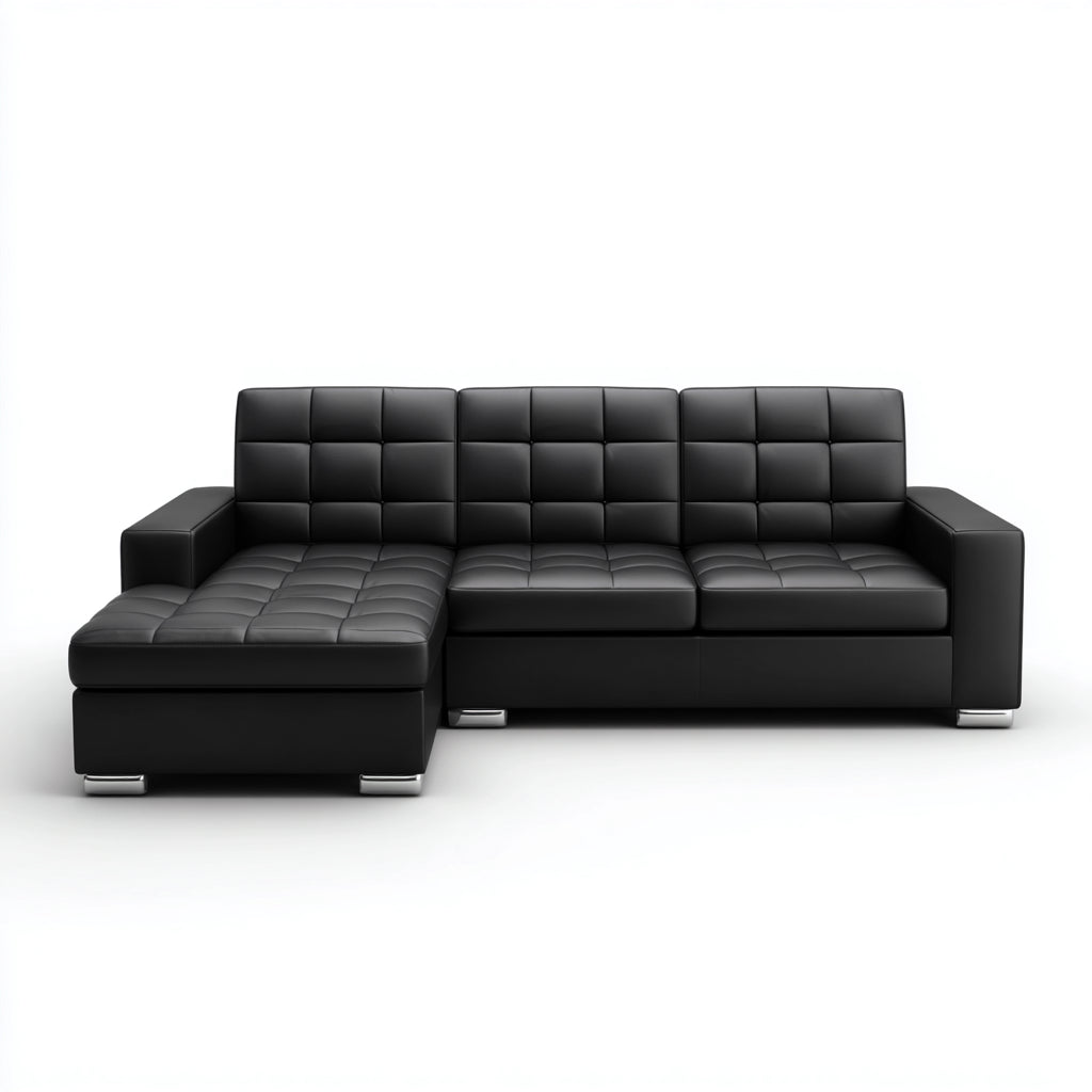 Sof¨¢ rinconero de piel sint¨¦tica 260x165x90 cm - negro - para sal¨®n - dise?o moderno con patas cromadas