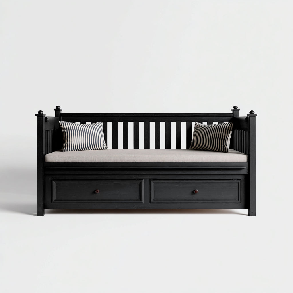 Sof¨¢ cama de madera maciza 200x95x90 cm - negro - con cajones inferiores para dormitorio