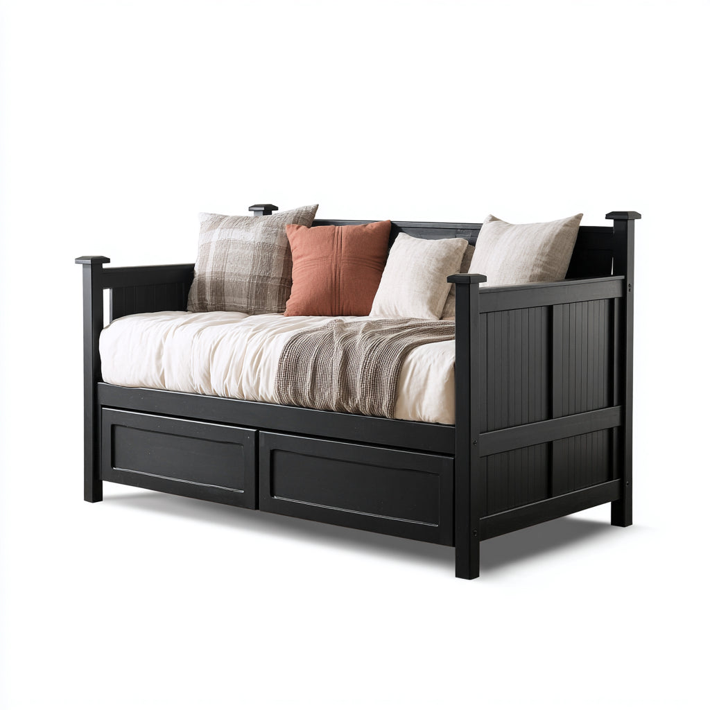 Sof¨¢ cama de madera maciza 200x100x90 cm - negro - dise?o contempor¨¢neo con cajones para dormitorio