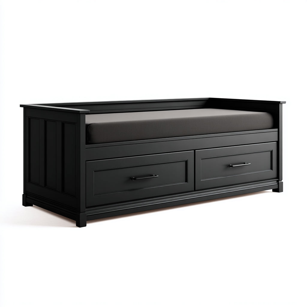 Sof¨¢ cama de madera maciza 200x95x85 cm - negro - con cajones de almacenamiento para dormitorio