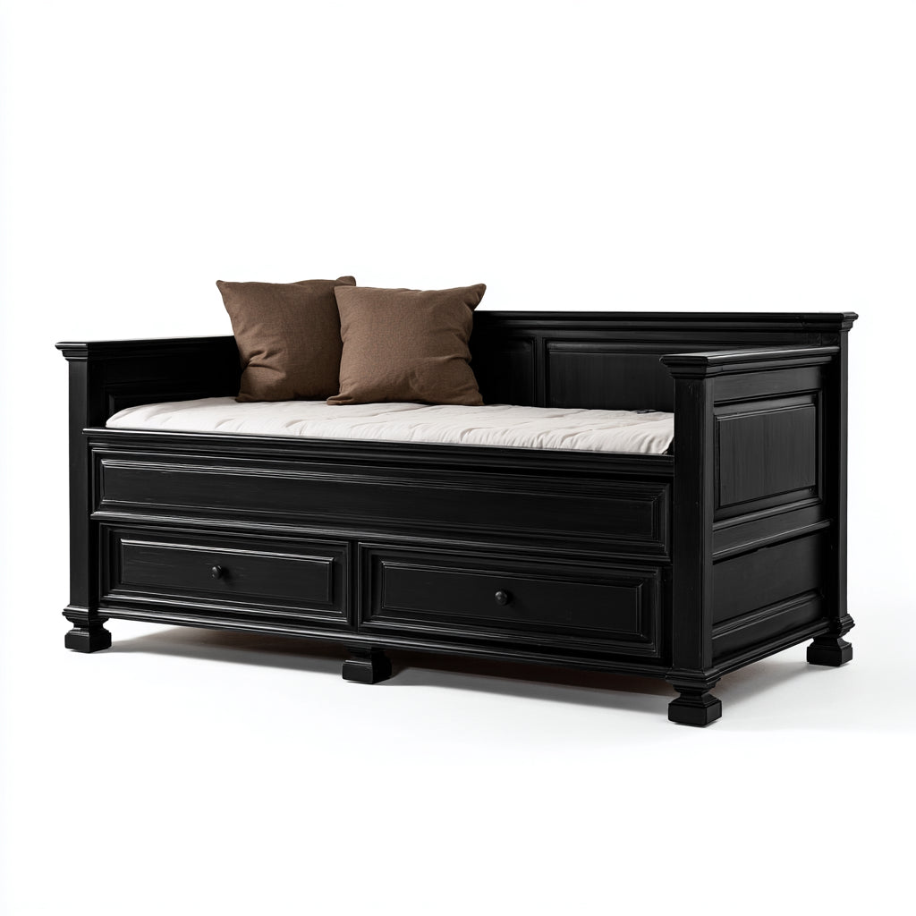 Sof¨¢ cama de madera maciza 200x95x90 cm - negro - con cajones de almacenamiento para dormitorio