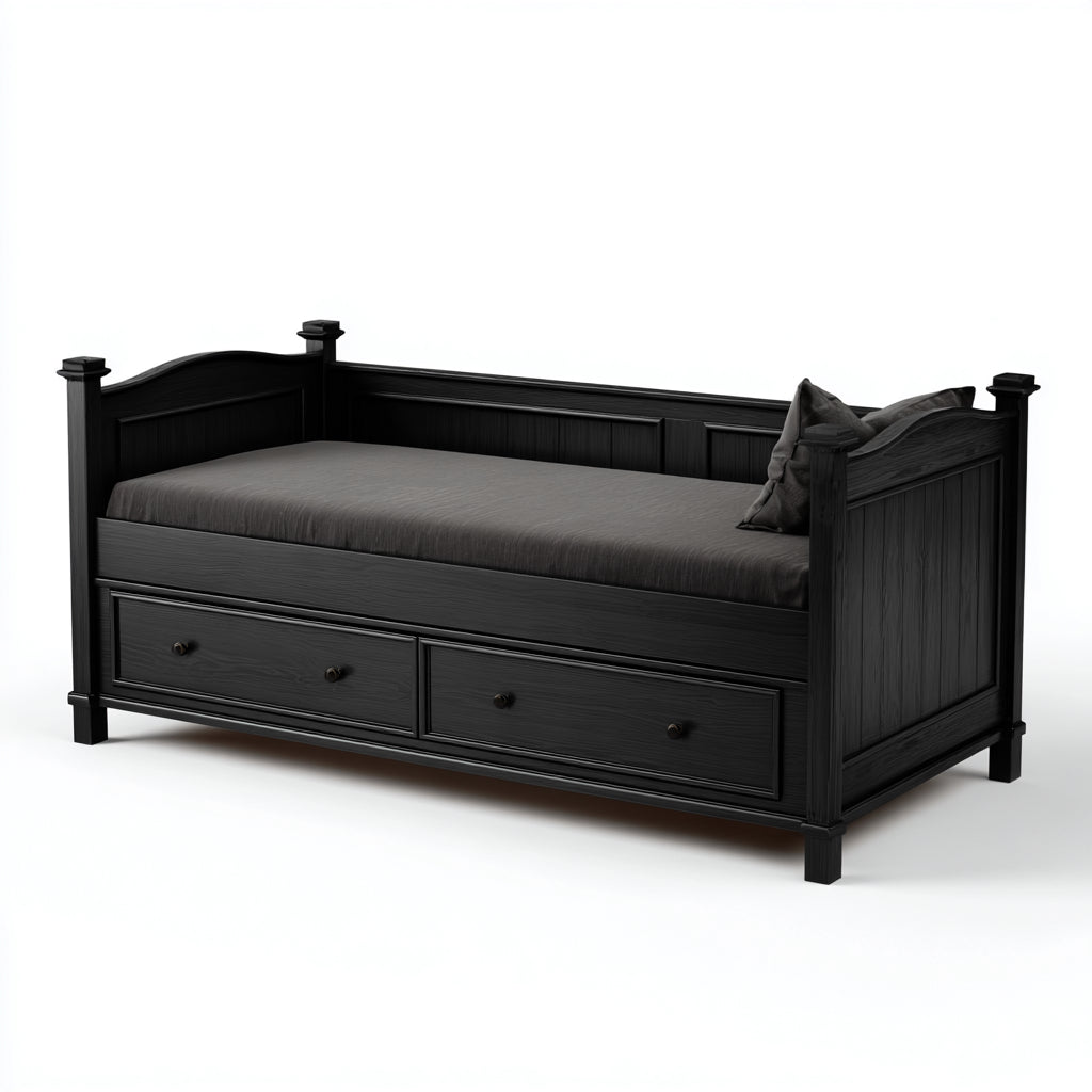Sof¨¢ cama de madera maciza 200x95x90 cm - negro - con cajones inferiores para dormitorio
