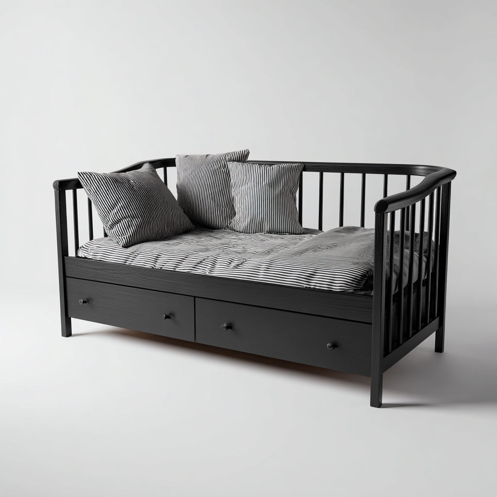 Sof¨¢ cama de madera maciza 200x95x90 cm - negro - con cajones inferiores para dormitorio